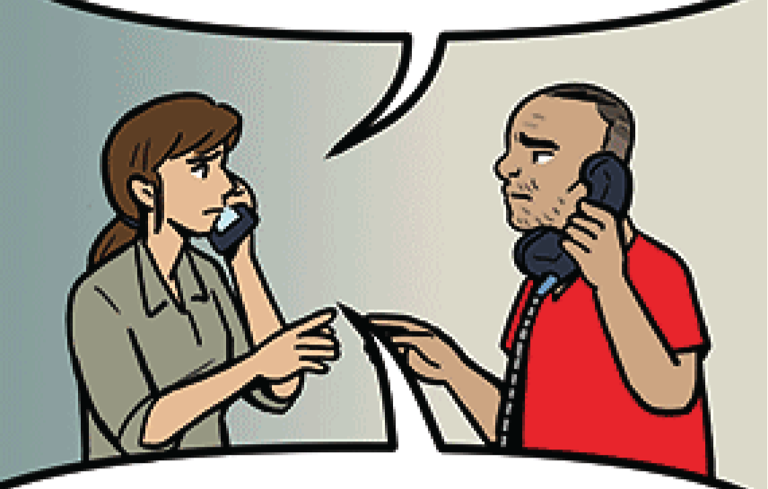 Comic strip shows two people talking on the phone