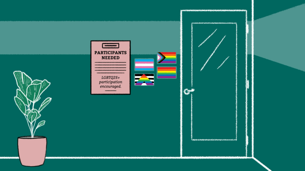 Drawing of a doorway with a plant outside it and a recruitment poster that says “Participants needed, LGBTQ2S+ participation encouraged.” Beside the poster is 4 pride flags: the classic rainbow flag; trans pride flag; Philadelphia Progress flag, and the straight ally flag.