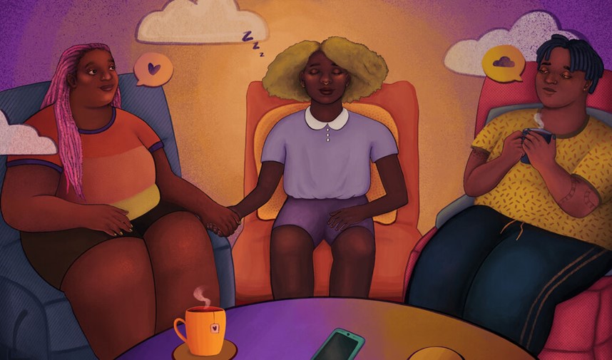 Image by Jonathan Soren Davidson for Disabled And Here. [link to: https://affecttheverb.com/gallery/disabledandhere/eveninglounge/] Image: three Black friends sit in comfortable chairs and supportive recliners during an evening conversation. Click through for more alt-text by the artist. [click through link: https://affecttheverb.com/gallery/disabledandhere/eveninglounge/]