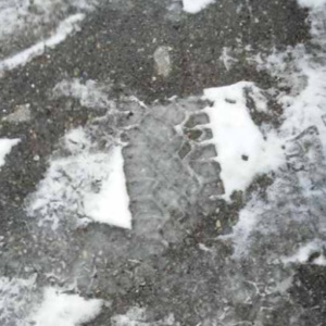 Tire marks in the snow.