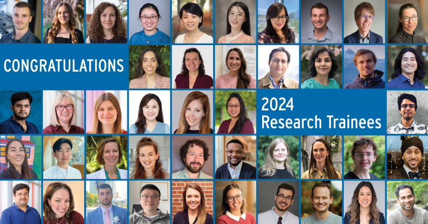 Michael Smith Health Research BC congratulates the 2024 Research Trainee awardees. The image features a grid with photos of 43 awardees. Each awardee is smiling and professionally dressed, with a background that varies from indoor settings to natural environments. The text reads "CONGRATULATIONS 2024 Research Trainee" in bold white letters against a blue background at the bottom of the image.