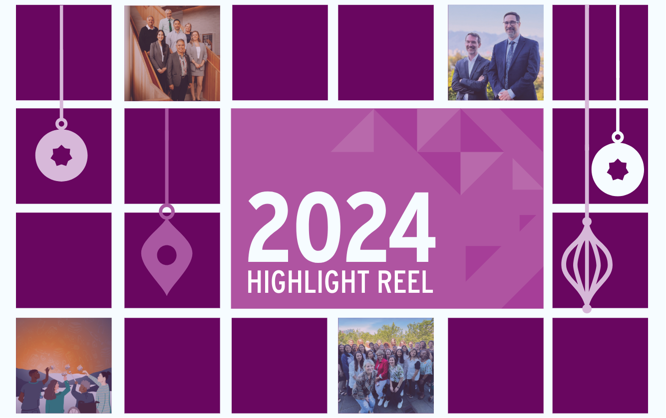 2024 Highlight Reel graphic featuring a purple geometric design with holiday-themed ornaments and four photos, including team members and highlight events.