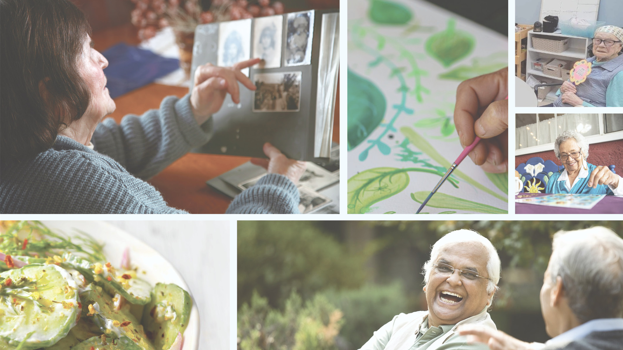 Collage of five images showing diverse activities: a person pointing at a photo album, another painting on paper, an individual holding a crafted flower, a close-up of a plate with a salad, and a person laughing joyfully outdoor.