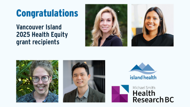 Promotional graphic for award recipients with the four awardees' faces, as well as the text "Congratulations Vancouver Island 2025 Health Quity grant recipients." The Health Research BC and Island Health logos are present.