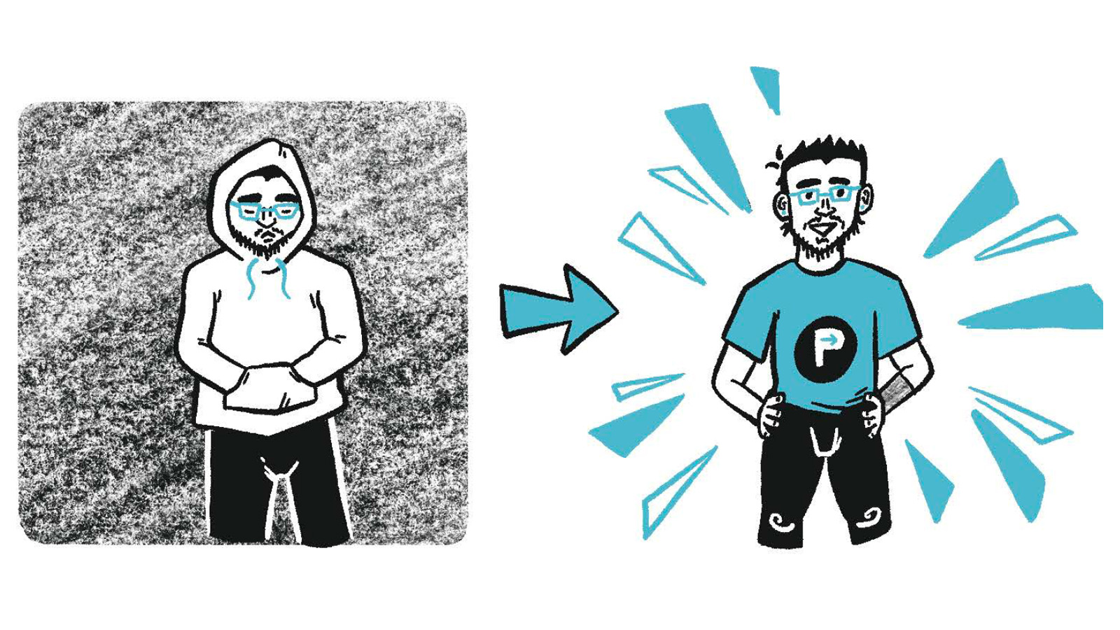 A screenshot from a zine, with a comic-like illustration that shows a person's mental health before and after gender-affirming surgery. On the left, the person is in black-and-white and looks sad, with their head down and a hoodie pulled over them. On the right, the picture is coloured in and the person looks happy and confident, with a P on their shirt and their hands on their hips.