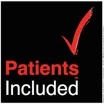Logo for Patients Included, which is the words "Patients Included" with a red checkmark