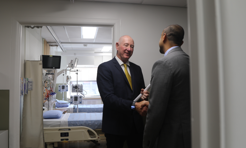 Darryl Knight, Vice President Research and Academic Affairs, Providence Health Care, shakes hands with Ravi Kahlon, BC’s Minister of Jobs and Economic Growth, at the opening of the new clinical trials unit at Mount Saint Joseph Hospital on September 16, 2025.